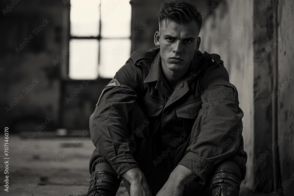 Nostalgic military portrait, WW2 uniform, black and white, worn leather boots, stoic gaze Nostalgic military portrait, WW2 uniform, black and white, worn leather boots, stoic gaze