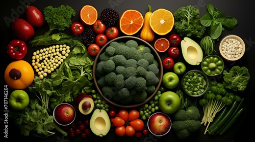 Top View Background of Fruits, Veggies, Fast Food