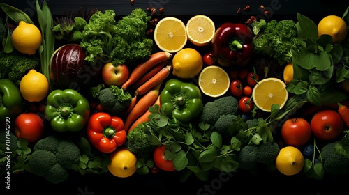 Top View Background of Fruits, Veggies, Fast Food   © zahidcreat0r