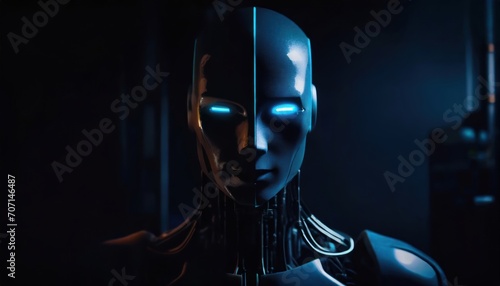 3D image of a full bodied or a man robot, half face of man half face of a robot, mechanical robot that looks like a man, wires of the robot, driving crane, dark, hyper realistic, super detailed, intri