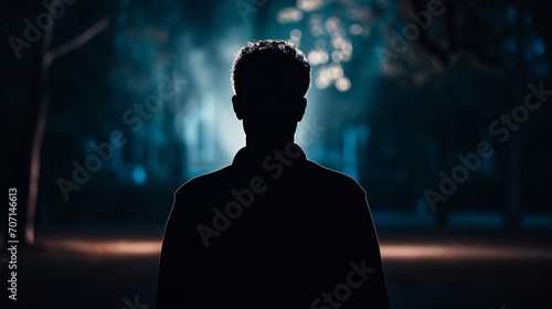Shadowy figure, backlit by a diffuse glow, face obscured by darkness