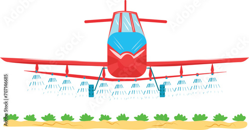 Red crop duster airplane spraying over green farm field. Agricultural aircraft in action with pest control. Aeroplane fertilizing crops vector illustration.