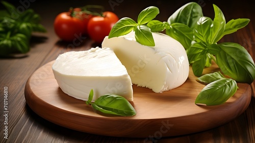 Mozzarella cheese with basil on wooden board. Natural italian dairy product.