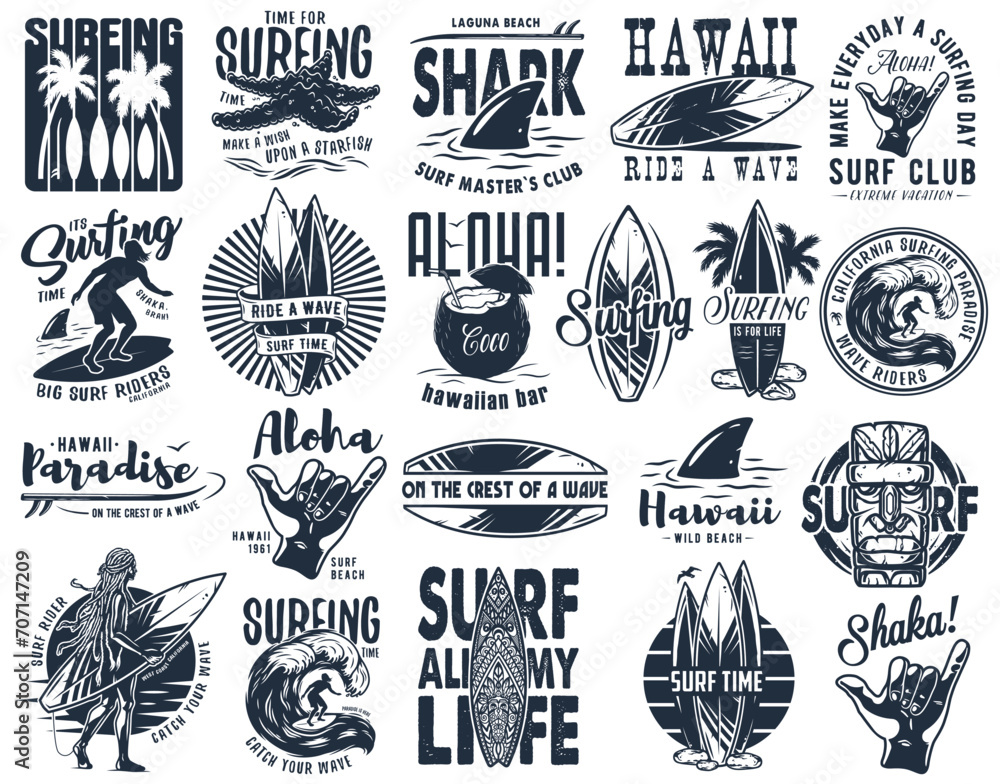 Summer surfing print set. Vector graphic surf collection. Monochrome apparel design for beach shirt Summer surfing print set. Vector graphic surf collection. Monochrome apparel design for beach shirt