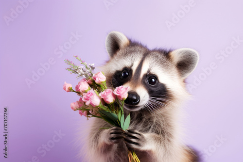 Raccoon holding a bouquet of pink roses on a lavender background. 