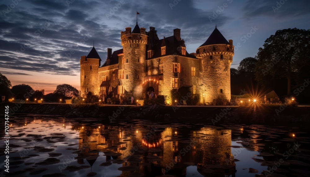 Castle Illuminated at Night by Water