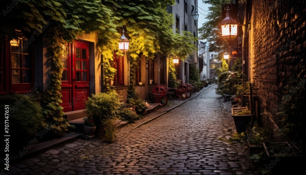 Fototapeta premium Cobblestone Street at Night With Red Door