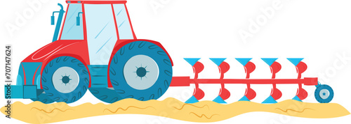 Red and blue tractor plowing sandy field. Modern agriculture machine working on the farm. Farming equipment and agricultural work vector illustration.
