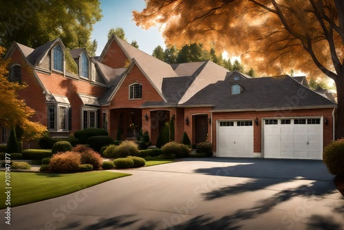 Suburban two-car garage with a blacktop driveway and a basketball hoop, set against the backdrop of a brick home in a residential suburban neighborhood lined with trees. photo