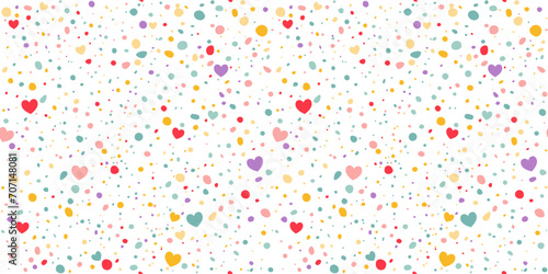 Funky Colorful Seamless Pattern with Hearts and Dots. Vector Love Texture with Sprinkle Confetti