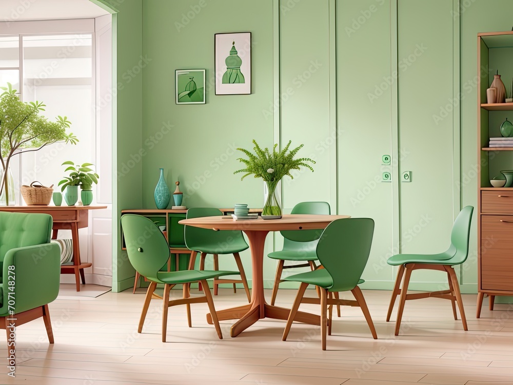 Mint colored chairs surround a round wooden dining table in a room with a green wall, a sofa, and a cabinet. Scandinavian modern living room interior design from the mid-1900s. Mint colored chairs surround a round wooden dining table in a room with a green wall, a sofa, and a cabinet. Scandinavian modern living room interior design from the mid-1900s.