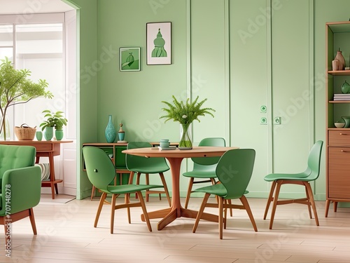Mint colored chairs surround a round wooden dining table in a room with a green wall  a sofa  and a cabinet. Scandinavian modern living room interior design from the mid-1900s.