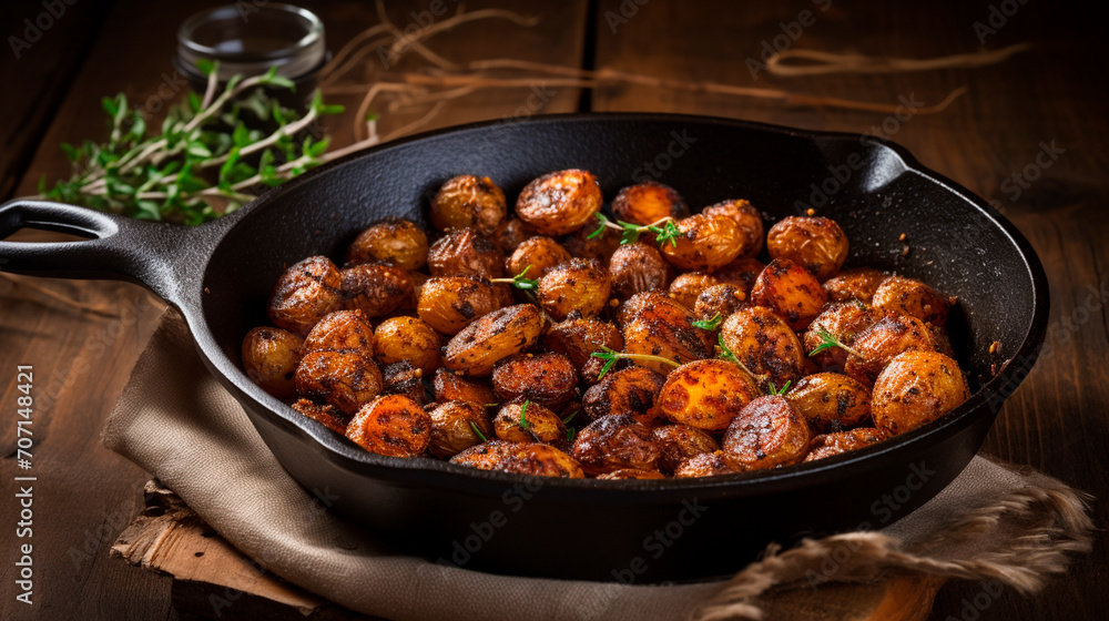 Roasted whole small potatoes with rosemary and salt in a pan, ruddy crust, appetizing dish Roasted whole small potatoes with rosemary and salt in a pan, ruddy crust, appetizing dish