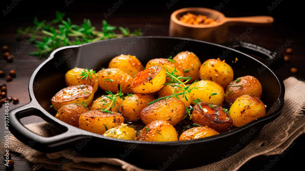 Roasted whole small potatoes with rosemary and salt in a pan, ruddy crust, appetizing dish Roasted whole small potatoes with rosemary and salt in a pan, ruddy crust, appetizing dish