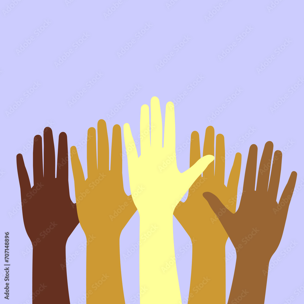 This is a vector of hands raising their hands with various skin colors.