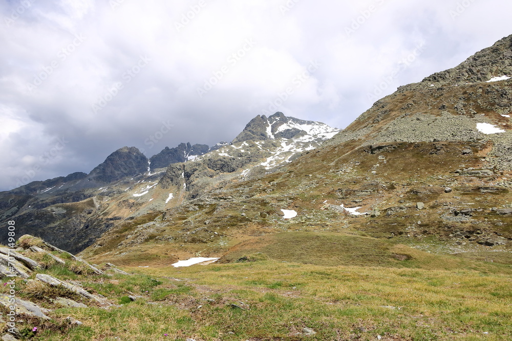 Passo Spluga ( Splügen Pass ) marking the boundary between Italy and Switzerland