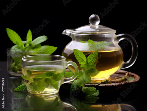 Spa herbal mint tea with soothing teapot and cup, on black background with borders.
