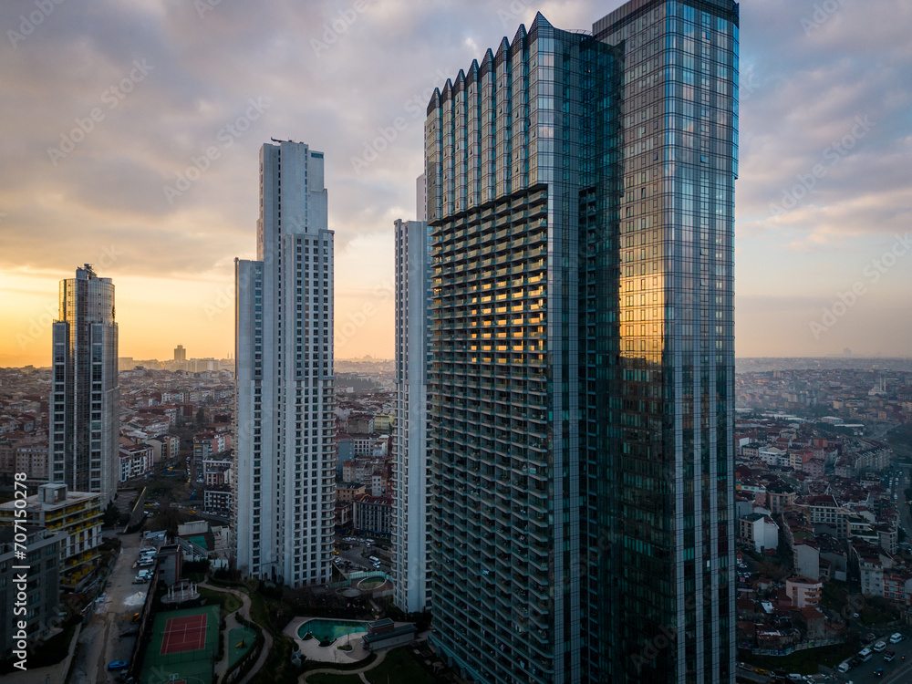 Istanbul's glass and concrete skyscrapers, home to offices, hotels, and residential complexes. Aerial drone view