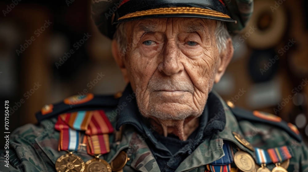 Reflective retired veteran with military memorabilia, embodying the enduring legacy of military service.