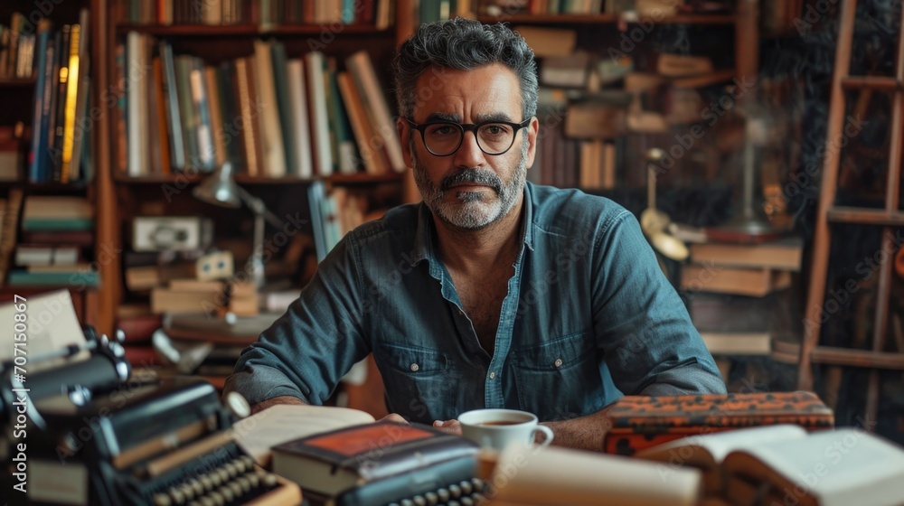 Thoughtful Middle Eastern writer surrounded by books and manuscripts in a cozy study. Thoughtful Middle Eastern writer surrounded by books and manuscripts in a cozy study.