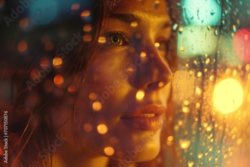 A woman gazes through a rain-streaked window, her eyes reflecting the city's colorful lights.

