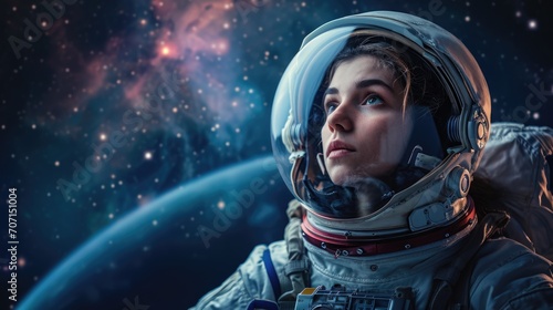Confident female astronaut with Earth in the background, symbolizing space exploration. © Ivy