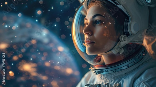 Confident female astronaut with Earth in the background, symbolizing space exploration.