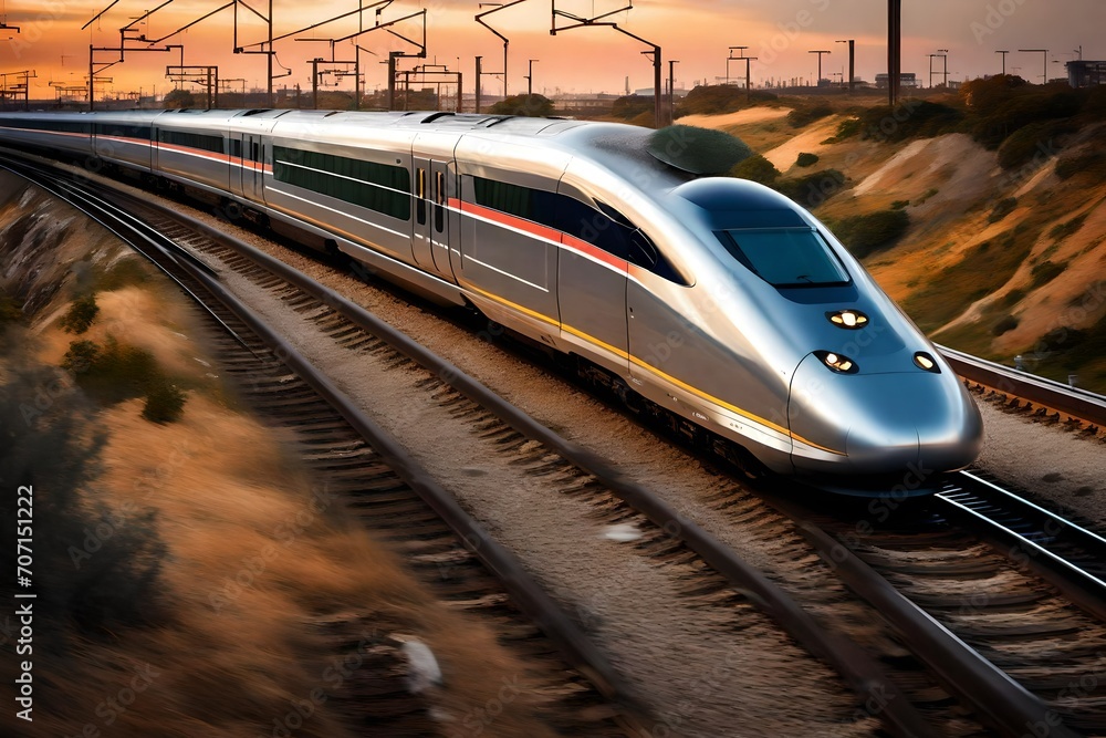 Fototapeta premium A sleek silver bullet train speeding along a modern elevated track at sunset.