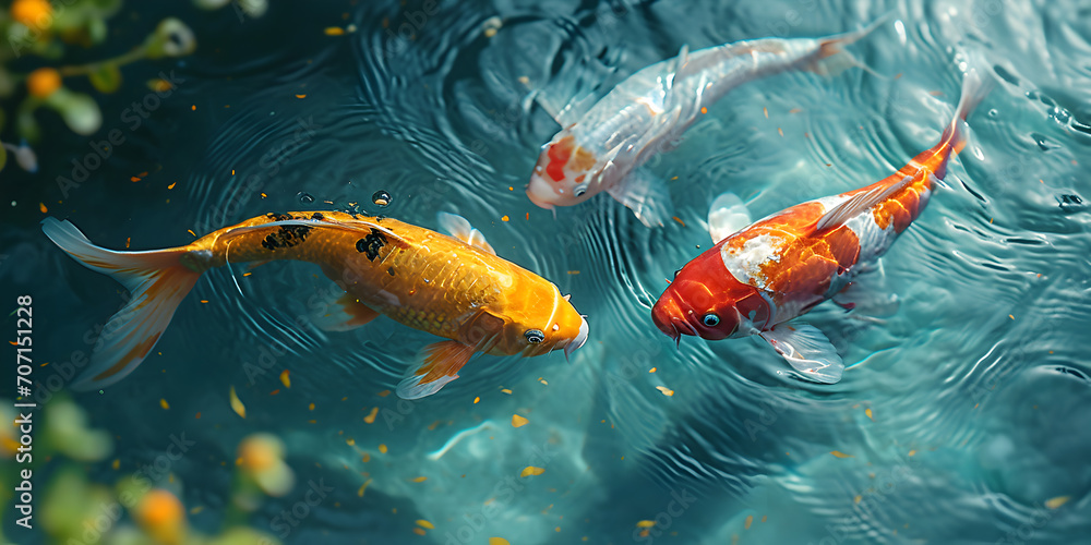 Koi in the pond. Illustration with fish in Asian style. Edited AI illustration.	