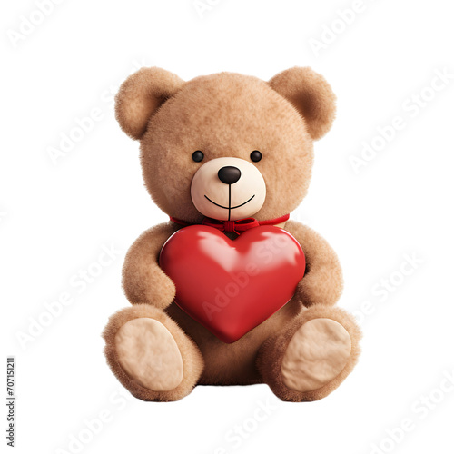 Cute teddy bear holding a heart on isolated on white or transparent background