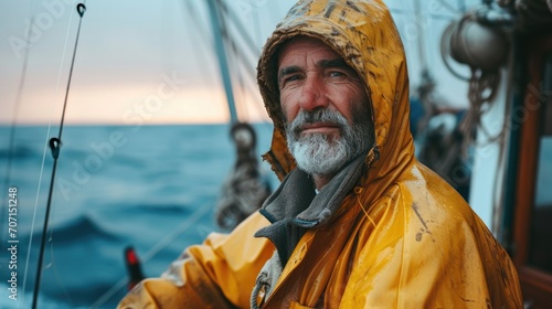 Seasoned fisherman at sea, capturing the essence of marine life and early morning fishing.