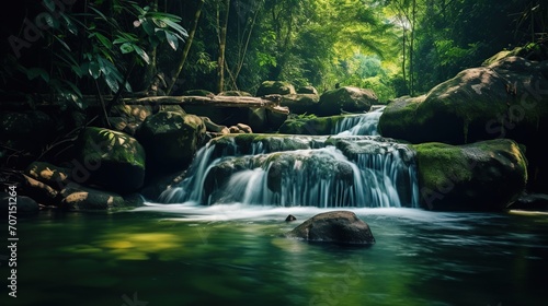 waterfall in the middle of a tropical forest with mossy rocks. natural natural scenery