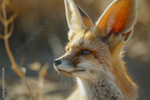 Majestic close-up of a Fennec Fox with vivid details  highlighting its large ears and attentive expression in a natural habitat.  