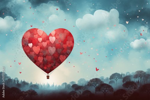 A whimsical postcard design with an illustration of a heart-shaped hot air balloon, leaving space for a sweet and uplifting message on Valentine's Day. photo