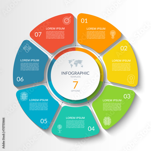 Infographic circular vector template with 7 options, parts. 7-step cycle diagram for business infographics. Process chart, vector banner for presentation, report, brochure, web, data visualization.
