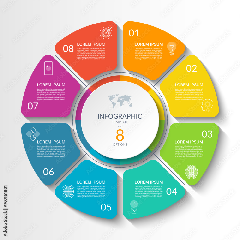 Infographic circular vector template with 8 options, parts. 8-step cycle diagram for business infographics. Process chart, vector banner for presentation, report, brochure, web, data visualization. Infographic circular vector template with 8 options, parts. 8-step cycle diagram for business infographics. Process chart, vector banner for presentation, report, brochure, web, data visualization.