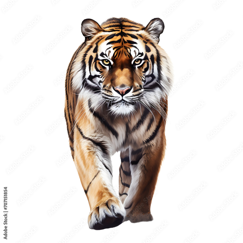 Tiger walks on isolated white or transparent background