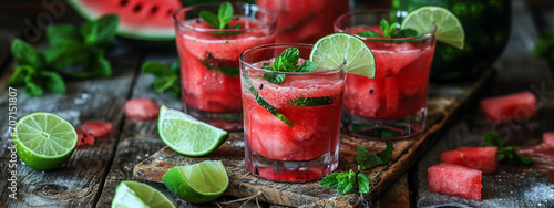 Close up of fresh watermelon juice or cocktail in glasses with pieces of watermelon. A refreshing summer drink photo