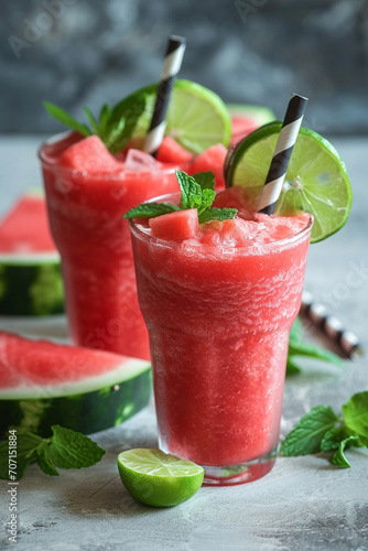 Close up of fresh watermelon juice or cocktail in glasses with pieces of watermelon. A refreshing summer drink