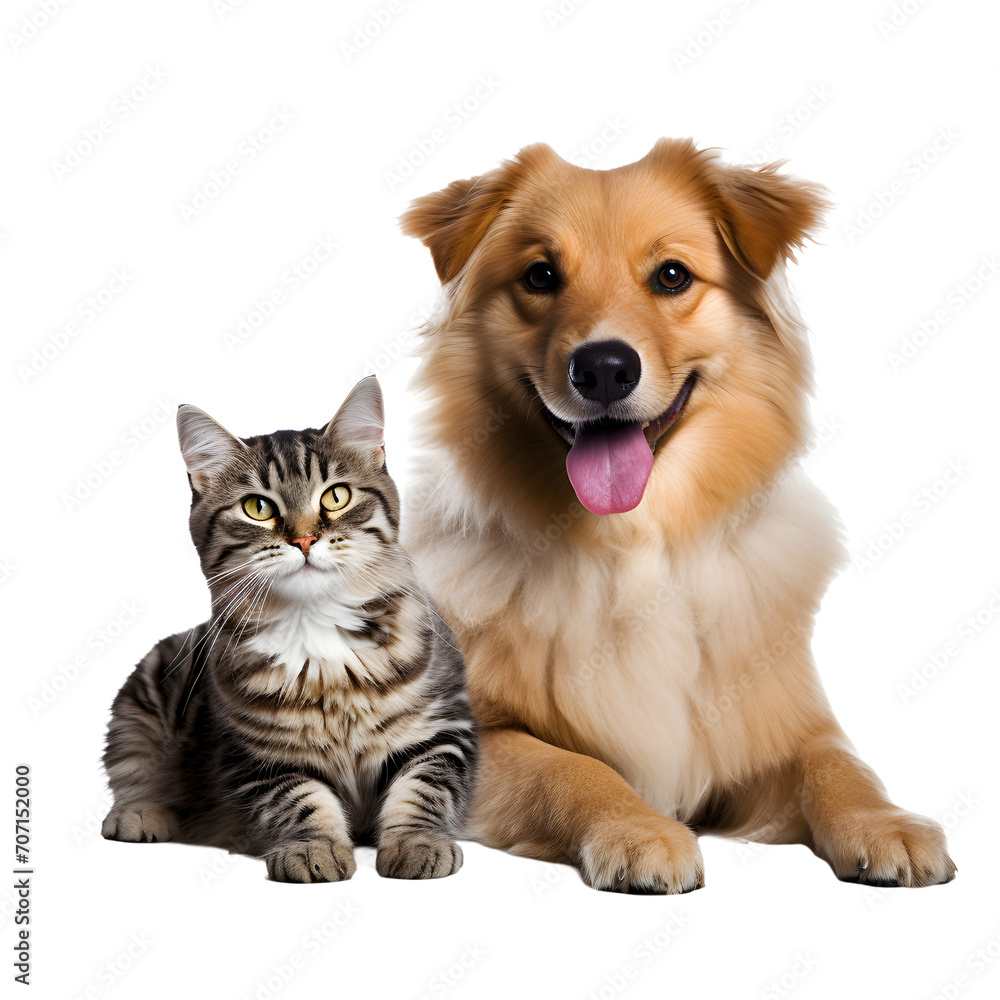 Happy dog and cat sitting with each other isolated on white or transparent background