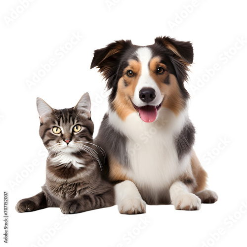 Happy dog and cat sitting together isolated on white or transparent background