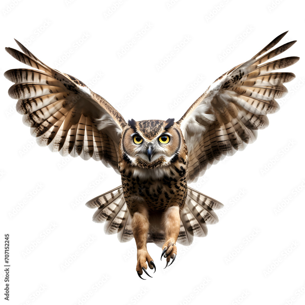 Fototapeta premium Owl flying with wings open isolated on white or transparent background