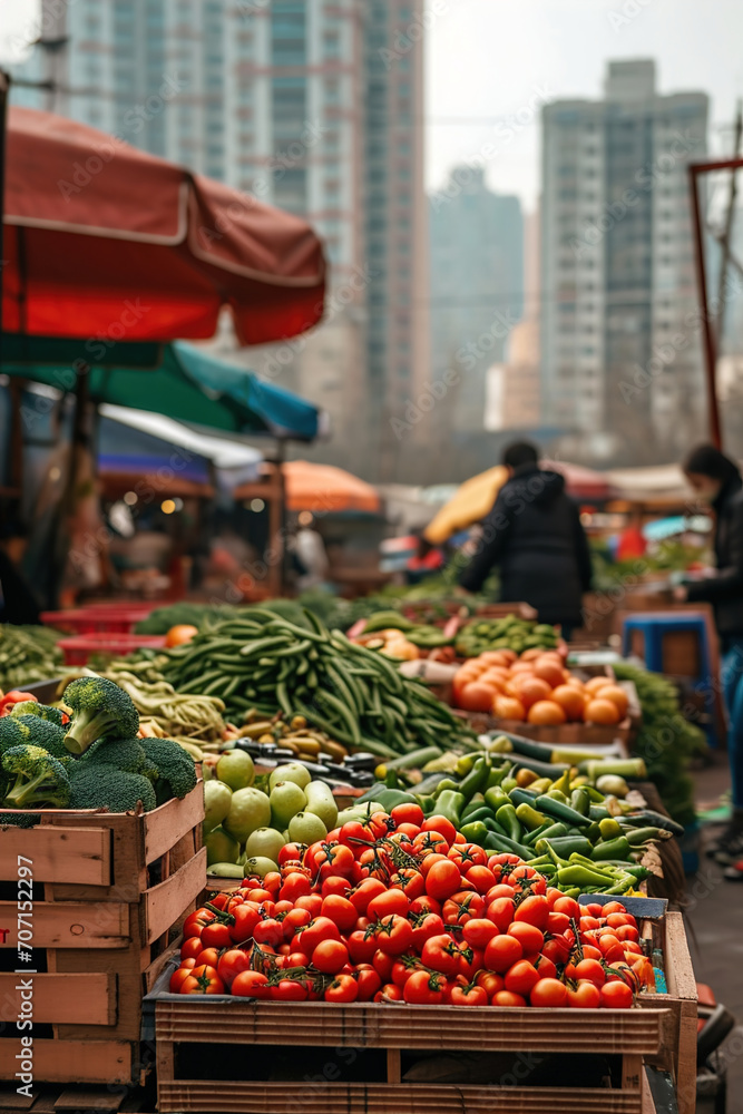 Organic produce being sold at a local market, big city buildings on background.