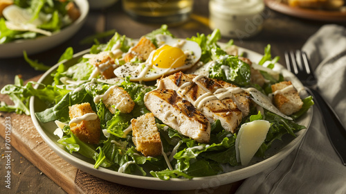 Caesar salad with grilled chicken and crackers photo