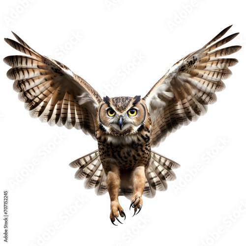 Owl flying with wings open isolated on white or transparent background