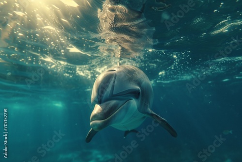 Playful dolphin leaping under the sunlight, showcasing joy and freedom in the ocean's depths.   © Kishore Newton