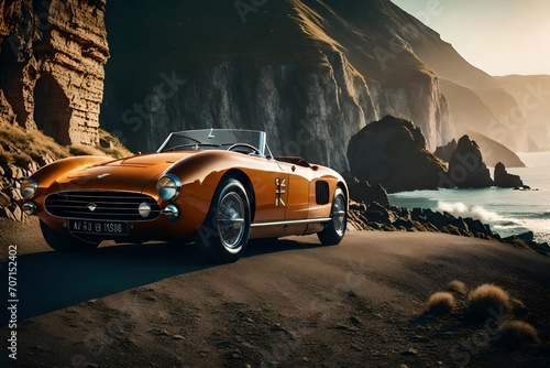 A vintage sports car parked by the cliffs of a breathtaking coastal route, capturing the beauty of both the car and the landscape.