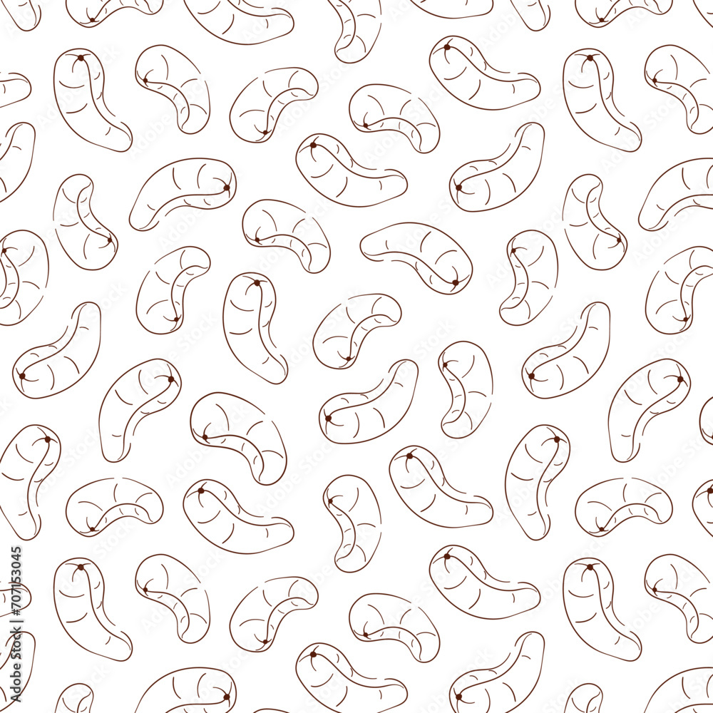 Cashew seamless pattern in line art style. Hand drawn design for label, sticker, menu, package. Vector illustration isolated on a white background.