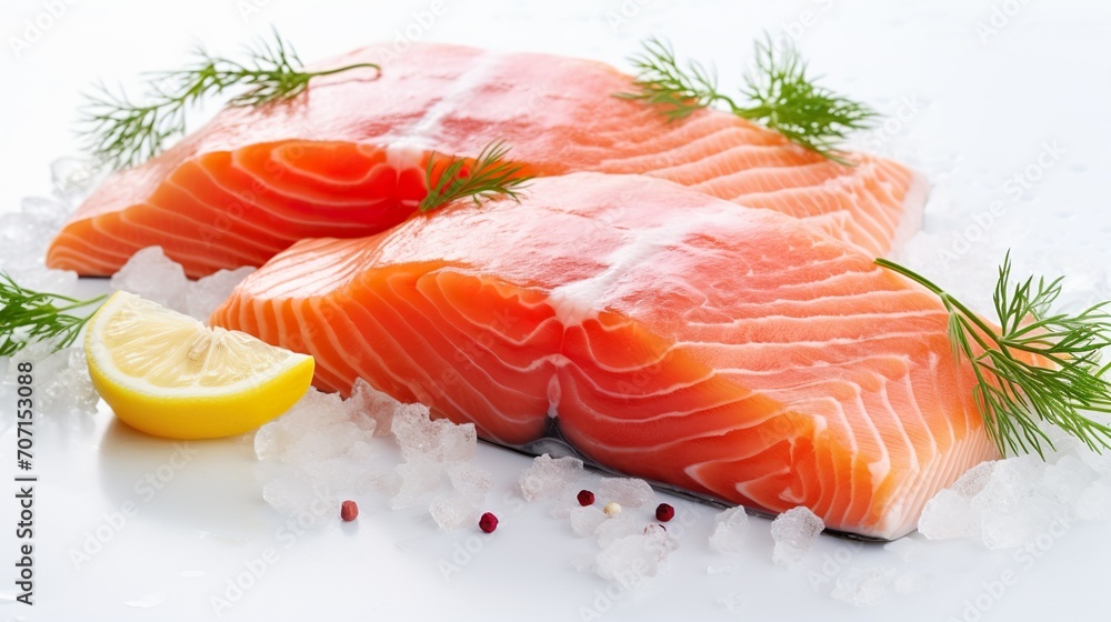 Closeup of fresh raw salmon fillet, lemon, herbs, ice cubes on white background. Healthy diet concept. Closeup of fresh raw salmon fillet, lemon, herbs, ice cubes on white background. Healthy diet concept.