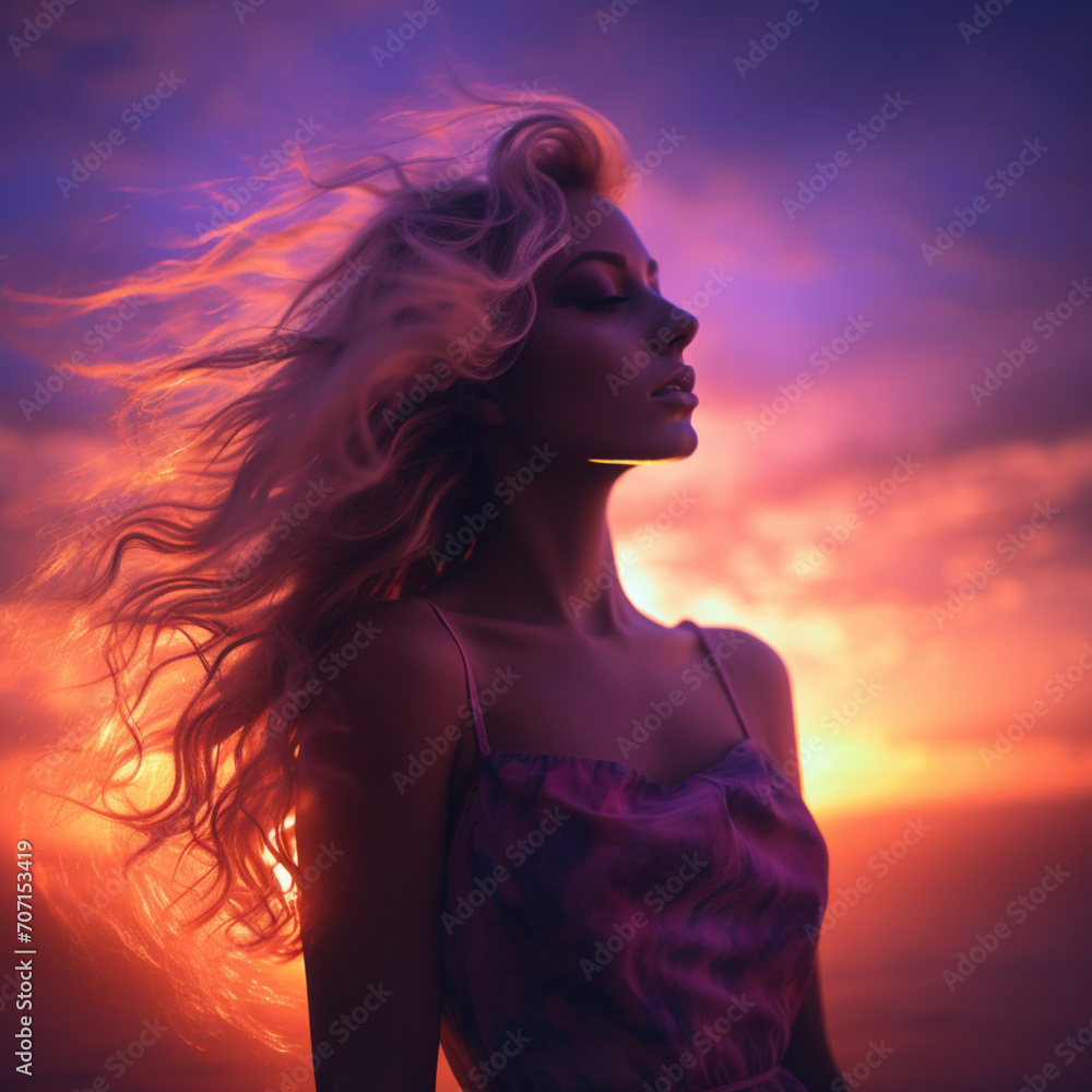 Fotografia de elegante mujer atractiva con rostro tranquilo y paisaje de puesta de sol de fondo Fotografia de elegante mujer atractiva con rostro tranquilo y paisaje de puesta de sol de fondo